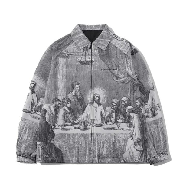 Syksyn miesten takki harmaa Poslední večeře -maalauksen kuvioinnilla vetoketjulla ja kauluksella unisex naisille ja miehille POLYESTER M