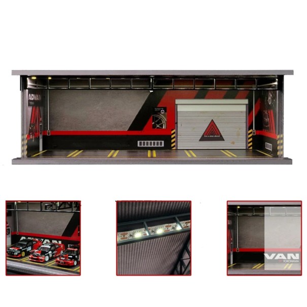 Συνεργείο αγώνων Motorsport 1:64 PVC ντιόραμα συνεργείου με γκαραζόπορτες ρεαλιστικό σκηνικό για μοντέλα 1