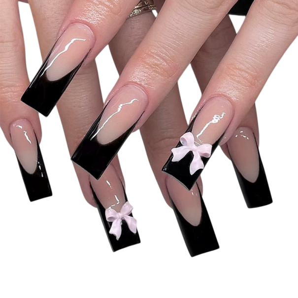 Système français de 24 pièces d'ongles artificiels carrés avec nœud DIY pour femmes et filles Ongles élégants et durables avec colle Manucure 1