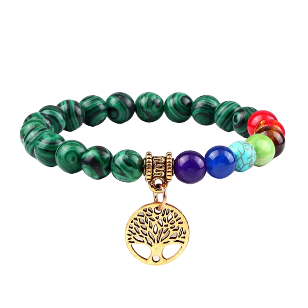 Syv chakra armbånd med malakitsten guld