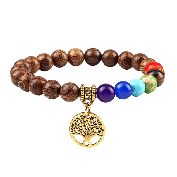 Syv chakra armbånd med træperler guld