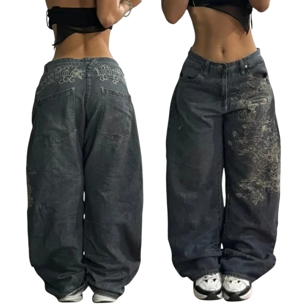 Szare damskie luźne jeansy z nadrukiem, niskim stanem, luźne, długie i szerokie nogawki, styl uliczny, luźne jeansy vintage 1
