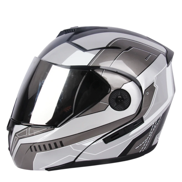 Szary kask motocyklowy z podwójnym daszkiem przeciwsłonecznym i srebrnym zewnętrznym daszkiem S (55-56 cm)