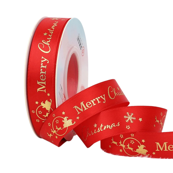 Színes karácsonyi dekoratív szalag 2 cm x 5 méter rénszarvas, csillagok és Merry Christmas felirattal ajándékcsomagoláshoz és díszítéshez piros