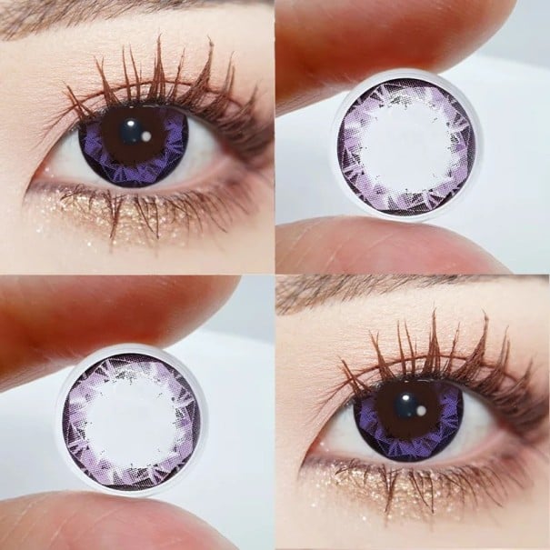 Színes kontaktlencsék dioptriával -3.25 geometrikus mintával, 14.4 mm átmérőjű, puha lencsék cosplayhoz és a szemek megjelenésének megváltoztatásához lila