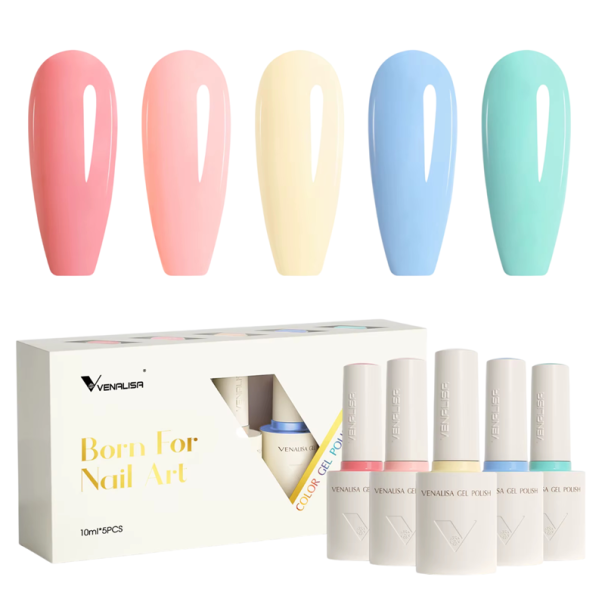 Színes vegán gél lakk készlet 5×10 ml HEMA és TPO nélkül Kerek ecset Puha állag UV LED 1