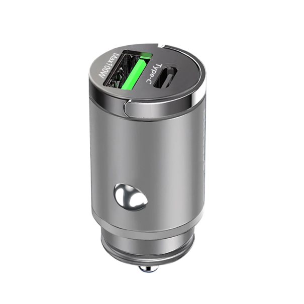 Szybka ładowarka samochodowa 100 W USB C i mini ładowarka do zapalniczki samochodowej USB A obsługuje szybkie ładowanie dwóch urządzeń, modele zgodne z typem C szary