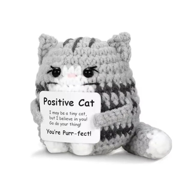 Szydełkowa dekoracyjna kotka z napisem „Pawsitive Cat“ Urocza tekstylna figurka z motywującym przesłaniem szary