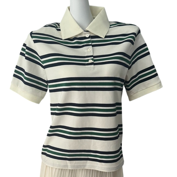 T-shirt à col rayé pour femme Polo élégant en coton avec fermeture au cou T-shirt décontracté de style rétro beige L