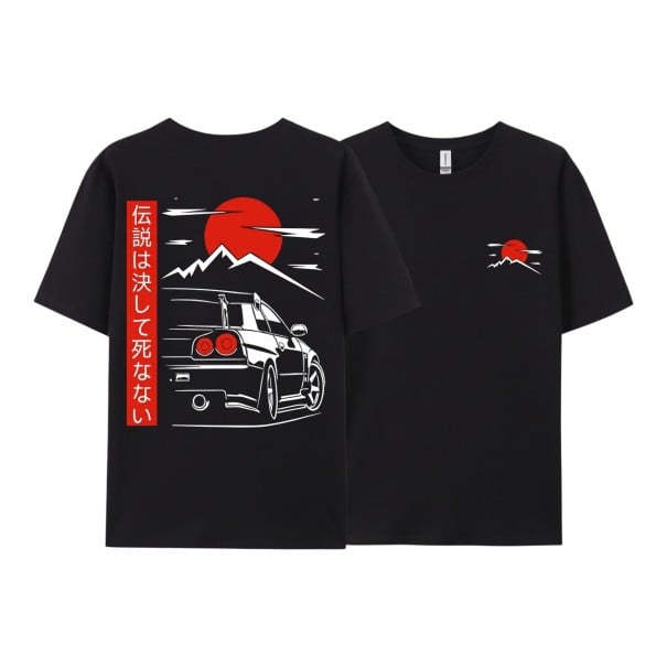 T-shirt à manches courtes avec impression de voiture de sport dans le style japonais avec soleil rouge et montagnes noir S