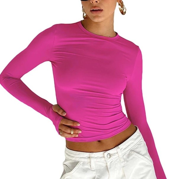 T-shirt à manches longues pour femme, taille élastique, moulant, tendance, décontracté, élégant, pour tous les jours rose L