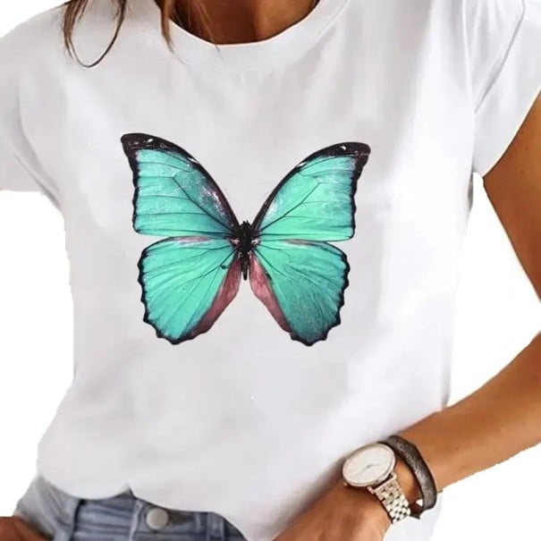 T-shirt bianca da donna a maniche corte T-shirt in cotone con stampa di farfalla Top alla moda con scollatura rotonda T-shirt casual elegante XL