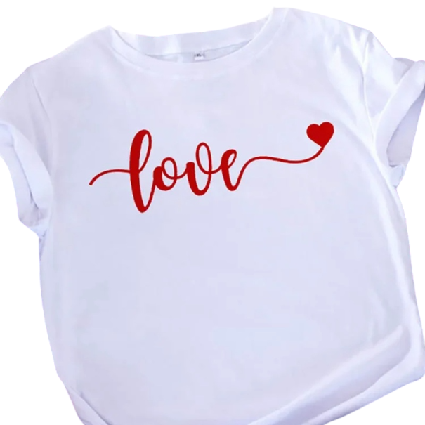 T-shirt blanc femme avec inscription love rouge T-shirt moderne avec imprimé coeur T-shirt romantique à manches courtes pour les loisirs et l’été S