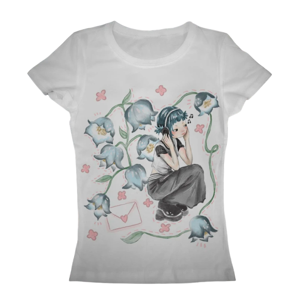 T-shirt blanc pour femme avec un motif de dessin animé d'une fille et de fleurs Casque et une enveloppe en forme de cœur Imprimé mignon Style anime M