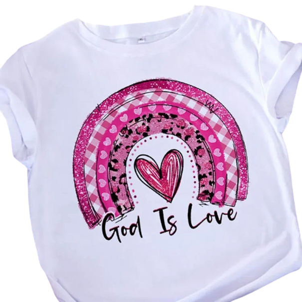 T-shirt branca feminina com estampado de arco-íris e coração God Is Love Manga curta T-shirt cristã Fé e amor Algodão agradável Top estiloso e confortável XS
