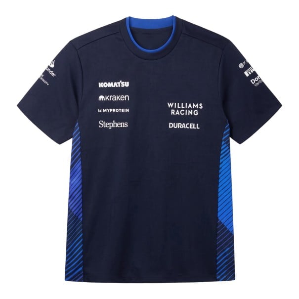 T-shirt d'équipe pour homme à manches courtes avec un col bleu et des panneaux latéraux rayés de style Formule 1 en bleu marine S