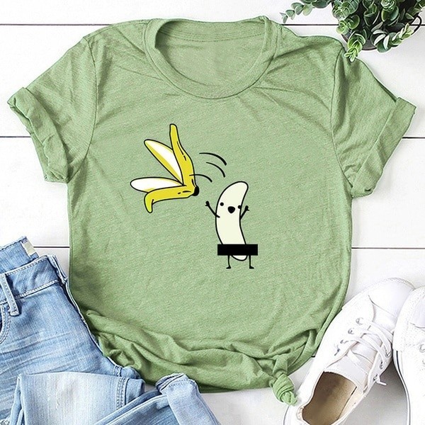 T-shirt da donna con stampa divertente di una banana verde chiaro L