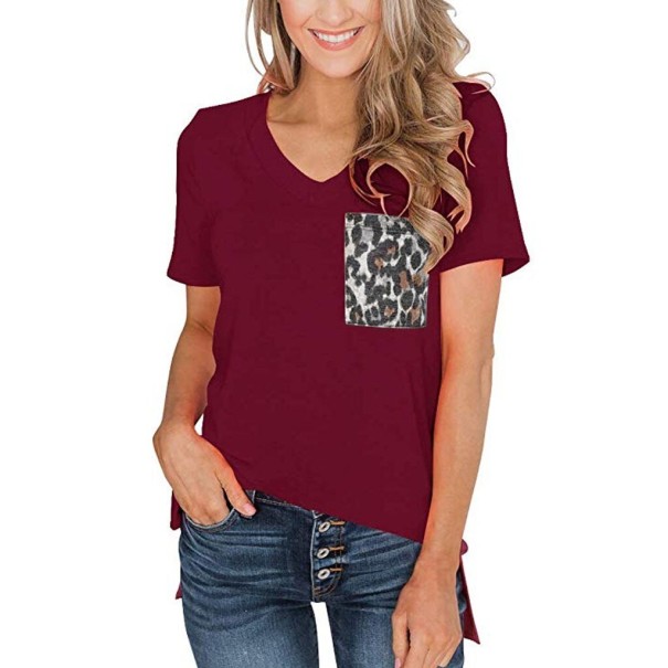T-shirt da donna con tasca leopardata rosso scuro S