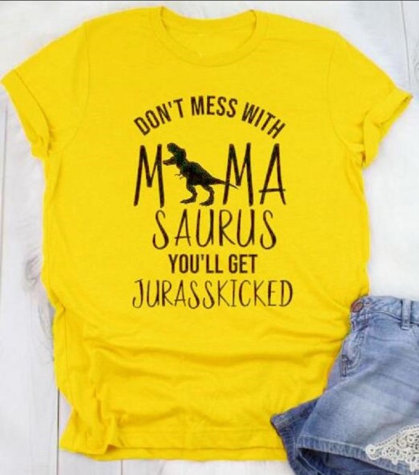 T-shirt dam med dinosaurietryck A819 gul S