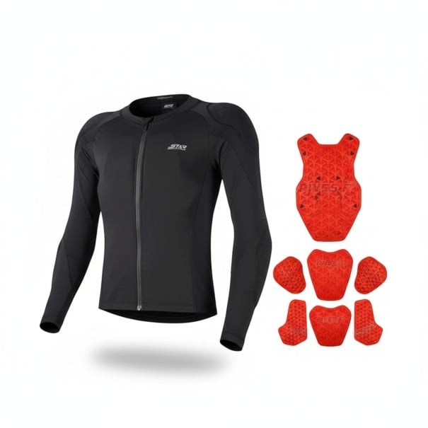 T-shirt de protection pour moto à manches longues et zip Ensemble de protections amovibles en polyester et coton Noir Vêtements de moto L