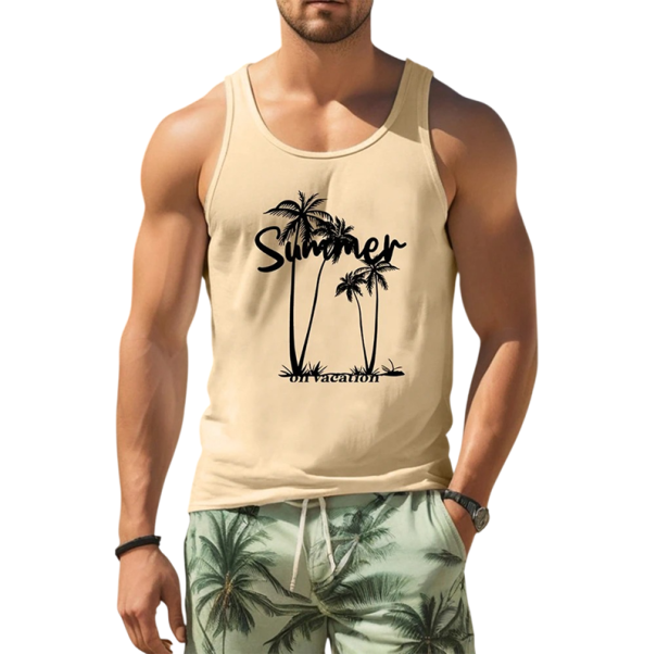 T-shirt de Verão para Homem em Material de Poliéster com Decote Redondo e Impressão de Palms e Inscrição Summer em Corte Reto Leve XXL