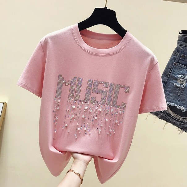 T-shirt décoré pour femmes avec impression de musique rose L