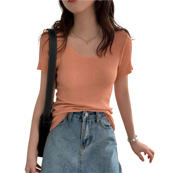 T-shirt en tricot pour femmes en acrylique à manches courtes et décolleté en V T-shirt tricoté élégant uni Taille universelle pour l'été et l'automne rose