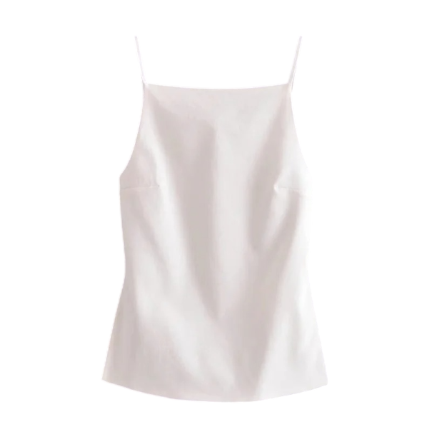 T-shirt feminina com decote redondo, alças finas e costas nuas, t-shirt de verão lisa em poliéster para uso leve branco XS