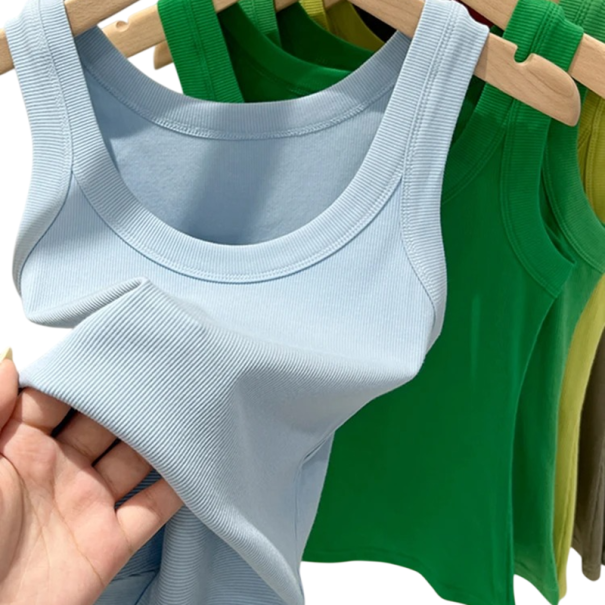 T-shirt feminina com decote redondo e alças largas, t-shirt de algodão lisa para uso diário confortável azul claro L