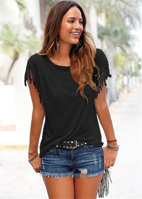 T-shirt feminina com franjas preto XS