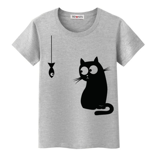 T-shirt femme avec impression de chat B386 gris XS 2