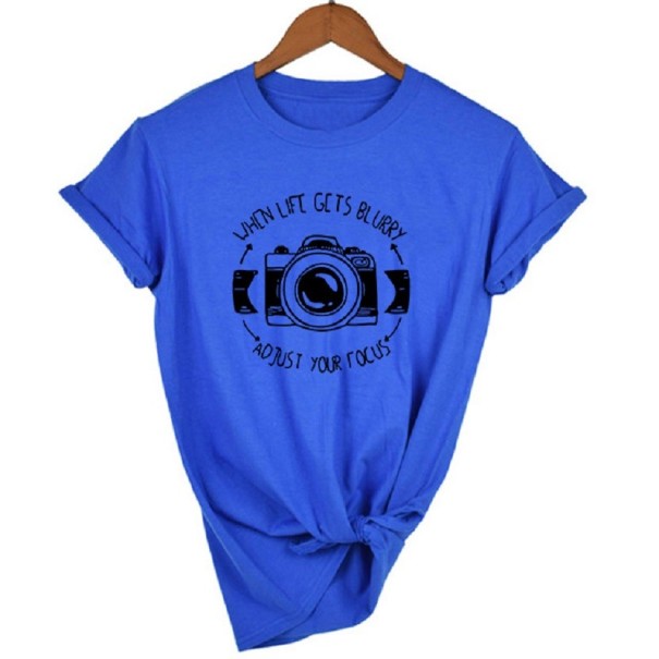 T-shirt femme avec motif d'appareil photo bleu S