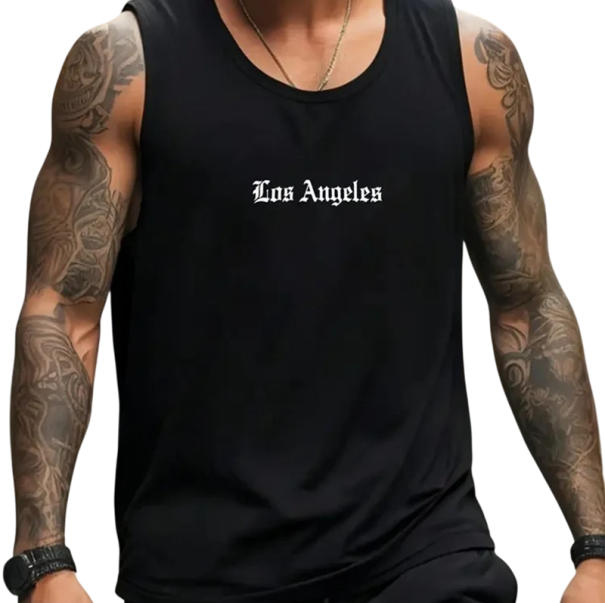 T-shirt masculina preta com decote redondo O Inscrição Los Angeles Poliéster Top leve de verão para desporto lazer cidade XL
