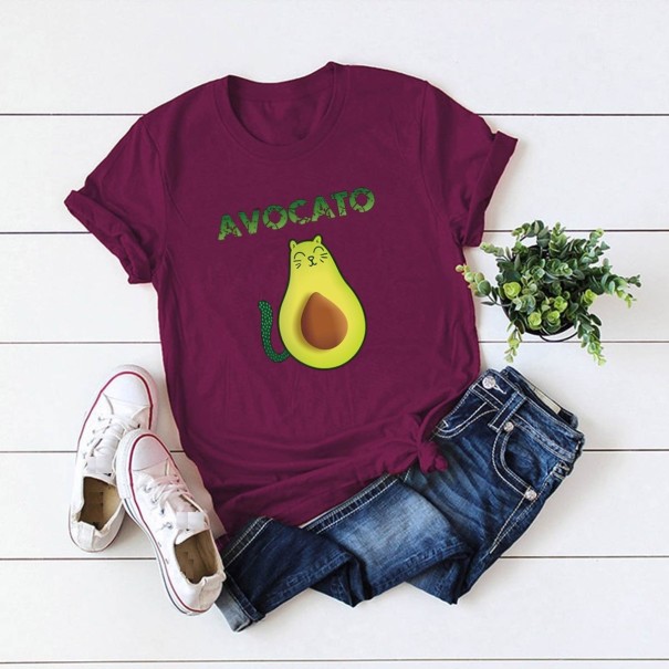 T-shirt med avokadotryck för kvinnor vinröd 4XL