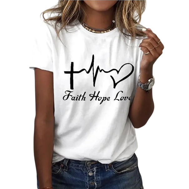T-shirt med Faith Hope Love-print, kors, EKG og hjerte. Kortærmet bomulds-T-shirt. Afslappet motiv med tro og kærlighed til hverdagsbrug. hvid XS