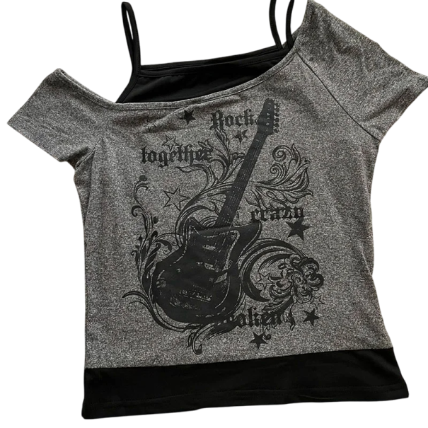 T-shirt med rockguitarprint Todelt design med stropper Asymmetrisk snit Original stil til koncerter Festivalmode grå L