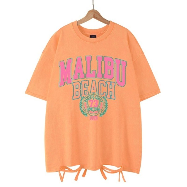 T-shirt oversize da donna MALIBU BEACH con stampa vintage e legatura decorativa Top streetwear Moda estiva casual Abbigliamento per il tempo libero arancione M