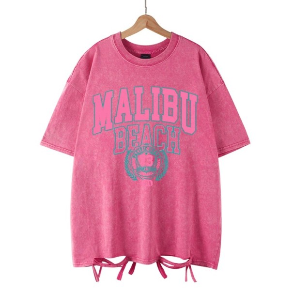 T-shirt oversize femme MALIBU BEACH avec imprimé vintage et reliure décorative Haut streetwear Mode estivale décontractée Vêtements de loisirs élégants rose XS