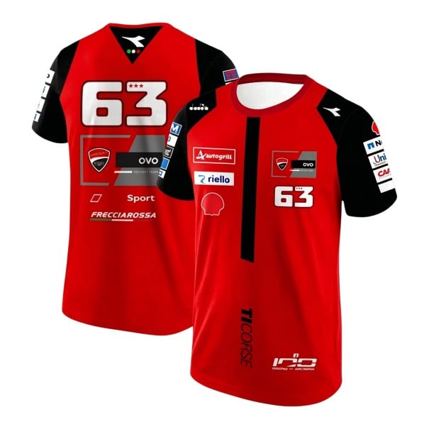 T-shirt rouge pour homme avec le numéro 63 et des manches courtes noires dans le style d'un maillot de course de moto pour les fans de courses XL