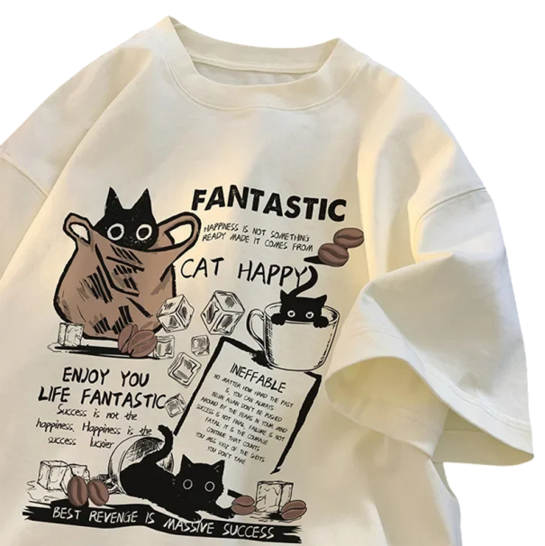 T-shirt unisex bianca con stampa di gatti e scritte in inglese T-shirt carina Cat Happy a tema caffè T-shirt con design divertente per amanti degli animali S