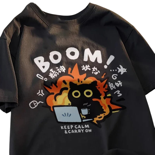 T-shirt unisex con stampa esplosiva di un gatto al computer BOOM T-shirt oversize a maniche corte T-shirt divertente Keep Calm per il tempo libero e il relax nero L