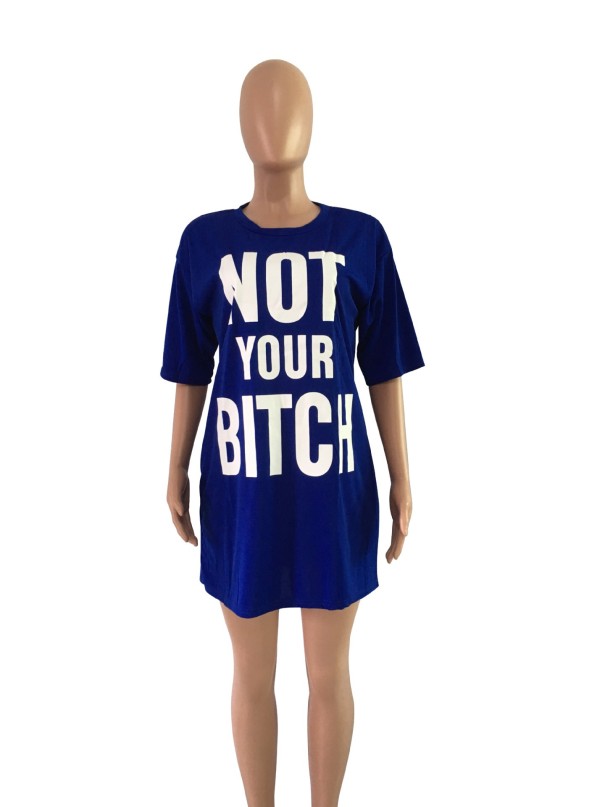 T-shirtkjole med indskrift blå XL