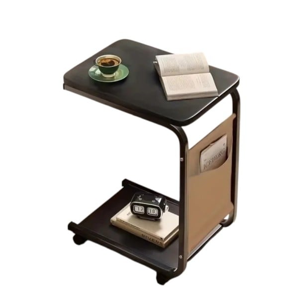 Table d'appoint 63 x 40 cm en forme de C avec sac de rangement latéral Table roulante pour ordinateur portable à côté du lit avec plateau inférieur et coins arrondis noir