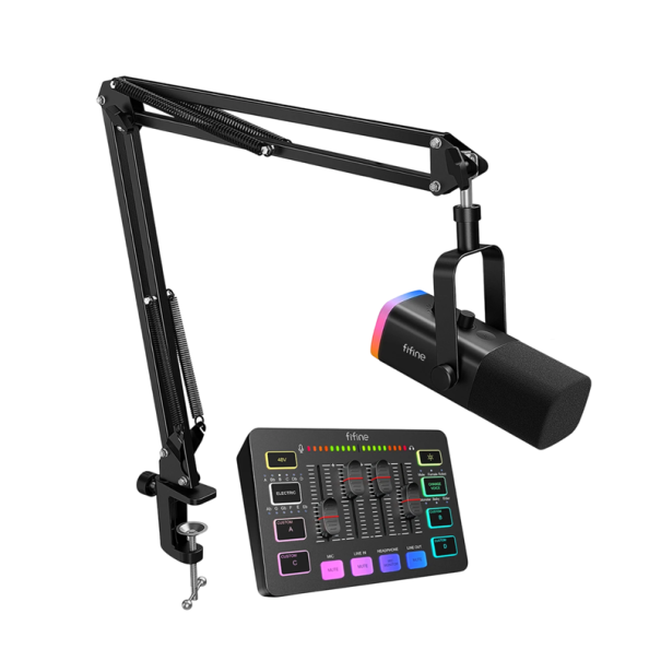 Table de mixage audio en direct pour PC avec rétroéclairage RGB, changement de voix, réduction de bruit, microphone XLR, support de bureau et interfaces USB et 3,5 mm noir