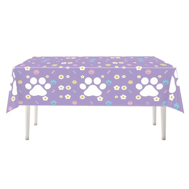 Tablecloth 137 × 274 cm Purple Tablecloth with White Paw Prints and Flowers Decorative Tablecloth for Children's Celebration Party Table Decoration 1
