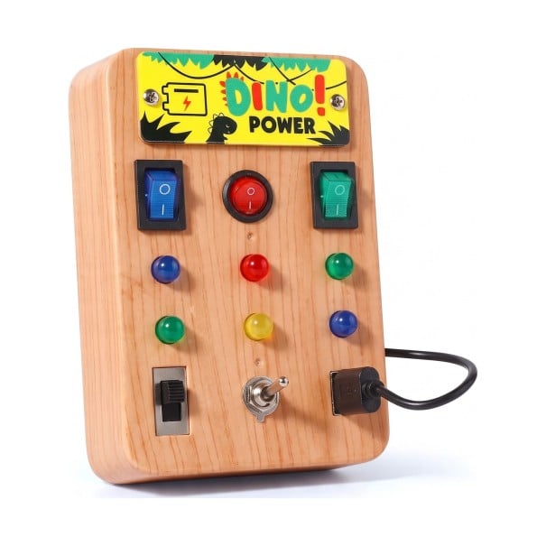 Tablero Montessori ocupado con luces LED Dino 13 x 9 x 2,8 cm Tablero sensorial de madera con interruptores y enchufe Juguete educativo para niños 1