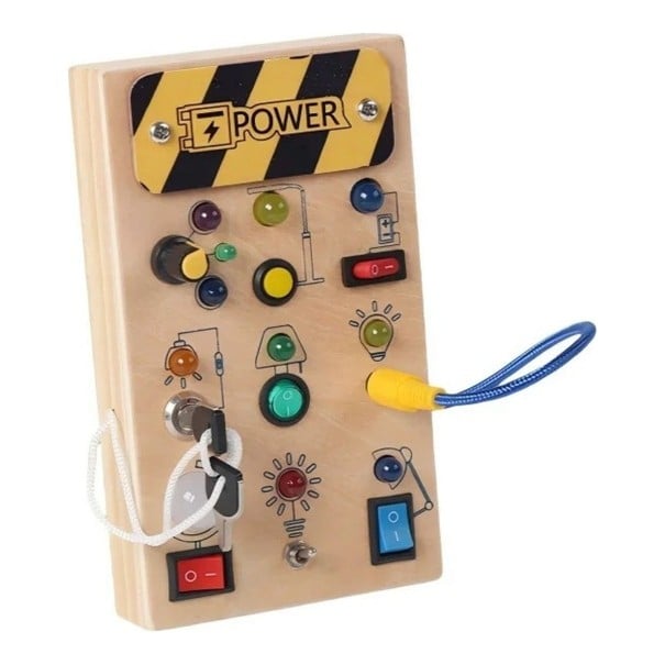 Tablero ocupado Montessori con luces LED 17 x 10 x 2,8 cm Tablero de madera estrecho con interruptores, llave, botón giratorio y enchufe Juguete 1