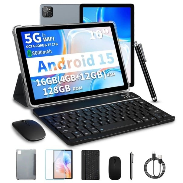 Tablet PRITOM TAB11 Android 15 10 palců Displej 1280 x 800 IPS 16 GB RAM a 128 GB ROM Osmijádrový procesor 5G WiFi Šedý s klávesnicí a myší 1