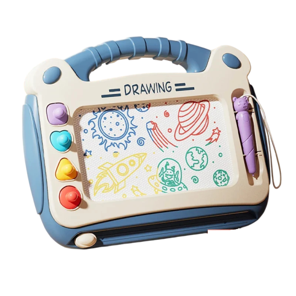 Tablette à dessin magnétique pour enfants 30,5 x 23 cm jouet Montessori avec 4 tampons et 4 couleurs pour dessiner et jouer bleu