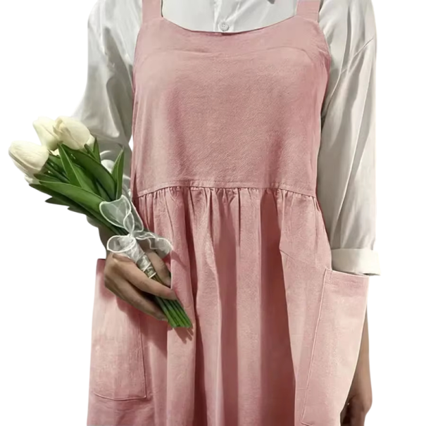 Tablier en coton et lin pour femmes avec poches 115x60 cm Tablier adorable avec dos croisé pour la cuisine, la pâtisserie, la peinture et le jardinage rose
